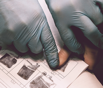 A person wearing blue gloves holds a paper displaying several fingerprints for examination